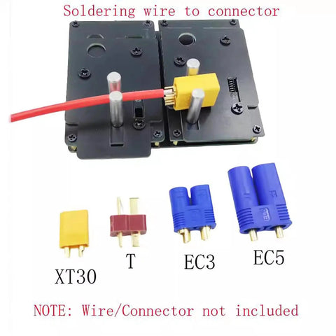No Drama Soldering Station Jig For Rc Connectors And Silicone Wire, Knockout Workbench Rig For Xt90 Xt60 Ec5 Ec3 T Plug And Xt30 with wire in place.