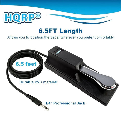Six And A Half Foot Universal Keyboard Sustain Pedal With One Quarter Inch Plug And Play And Polarity Switch, Compatible With Casio Digital Pianos MIDI Controllers Synths And Other Keyboards With Quarter Inch Inputs displayed with PVC cable and professional jack.