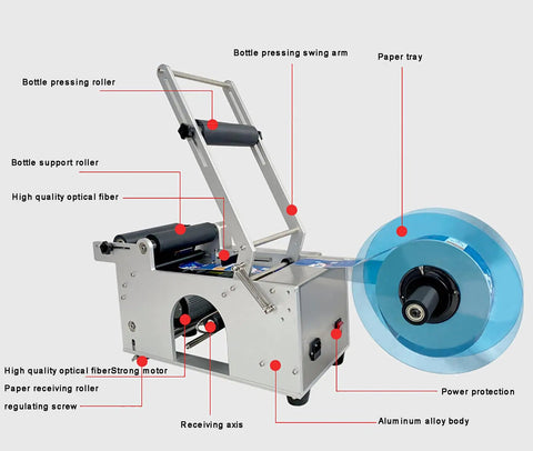 Rugged Semi Automatic Label Applicator For Round Bottles with labeled features like aluminum body and bottle pressing arm.