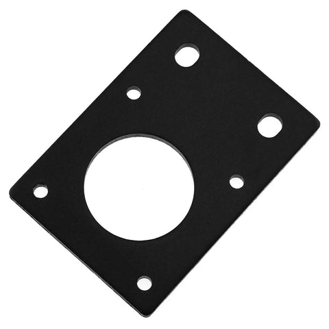 Black aluminum NEMA 17 motor mount plate, 42x60mm, with multiple drill holes, compatible with 3D printers and CNC rigs.