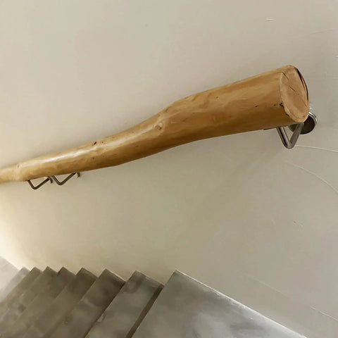 Adjustable Rustic Solid Wood Wall Grab Rail With Steady As A Rock Mounting Hardware, Tight Grip Stair Handrail For Elderly Safety And Hassle Free Hallway Support In Lofts Or Villas, Clean 350 Centimeter Bar on staircase.