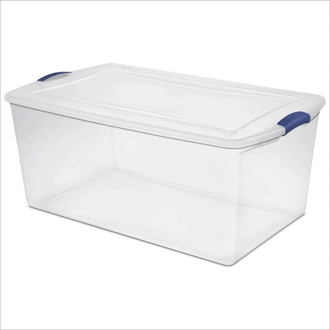 Extra Large Clear Storage Bin with Lid Stackable Plastic Tote Hella Spacious Snap Latch with a blue handle, side view.