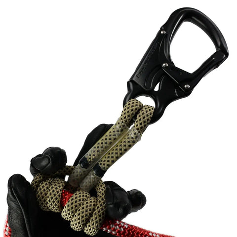 Top Tier Prusik Positioning Lanyard For Climbing And Fall Protection Featuring Static Kernmantle Rope Half Inch Diameter And Ten Feet Long With Aluminum Swivels For Killer Tree Crew Jobs, showing gloved hand holding lanyard with black carabiner and rope.