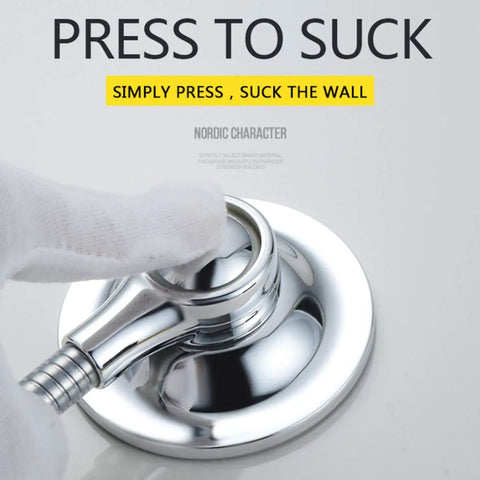 Close-up of Shower Head Holder With Suction Cup in chrome silver, featuring finger pressing for easy tool-free setup.