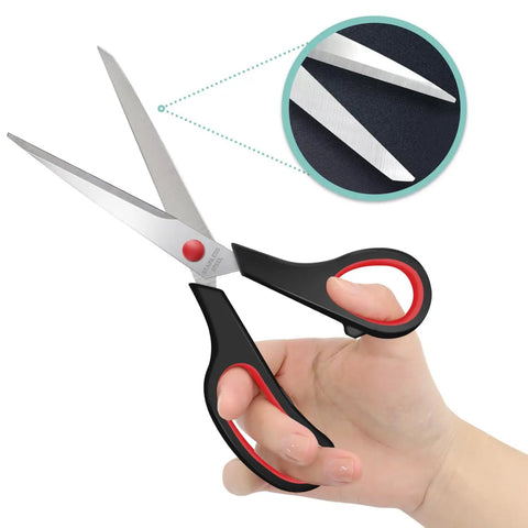 Six Pack 8 Inch Sewing Craft Scissors Set In Six Colors Stainless Steel Workhorse Heavy Duty Sharp Shears For Home Office School And Craft Projects Perfect For Arts And Crafts Sewing And Office Tasks, black-handled scissors in hand