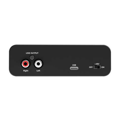 Back view of Single Channel USB Audio Interface With 24 Bit 96KHz Resolution, 48V Phantom Power showing line output and USB port.
