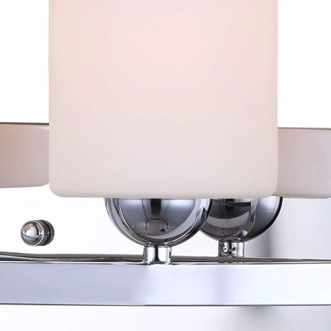 Close-up of Slick Chrome Hampton 3 Light Vanity With Flat Opal Glass Damp Location Rated Bathroom Light 24 Inch Wide Fixture