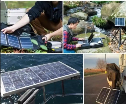 Collage of solar panel setups with 2 Pin Outdoor Solar String Lights Extension Cable, 16 Ft Waterproof Extension Cord in use outdoors