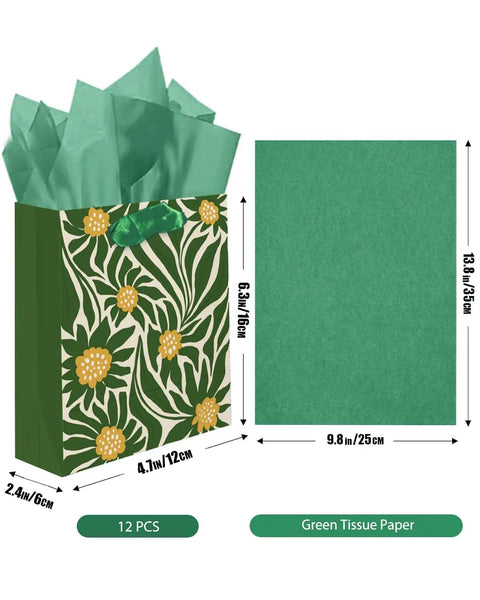 Clash Flowers Gift Bags With Tissue Paper Handles Pack Of 6 Medium Size Recyclable Cardboard Gift Bags For Party Favor Or Gift Wrapping Dope Floral Pattern And Eco Friendly Packaging with green tissue paper detail.