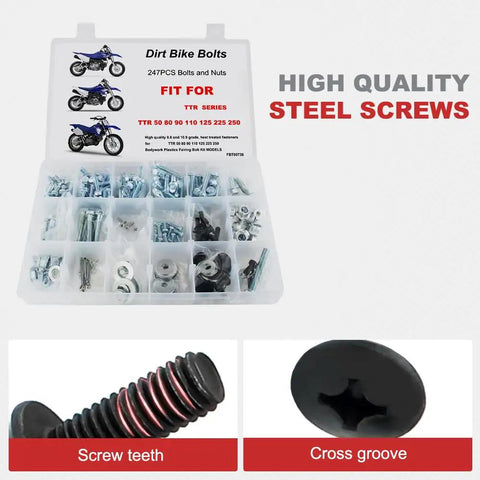 247 Piece Motorcycle Bolts Kit For Engine Body Frame And Exhaust Fitment For TTR MX Series kit in plastic case with screws