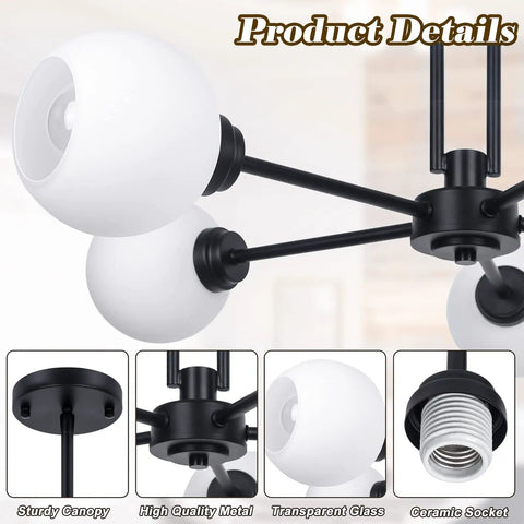 Detailed view of Matte Black 5 Light Globe Sputnik Chandelier for Dining Room Kitchen Living Room and Bedroom with frosted shades