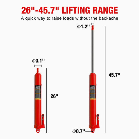 Heavy Duty Hydraulic Long Ram Jack 3 Ton Capacity Engine Hoist Cylinder With Clevis Base dimensions 26 to 45.7 inches lifting range.