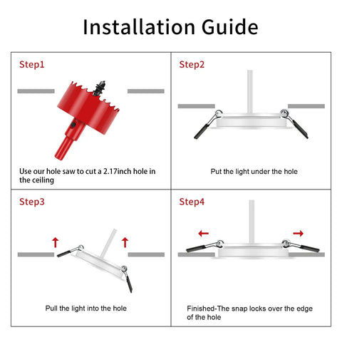 Installation guide for Zero Fuss 12V LED RV Puck Lights showing steps to install recessed ceiling bulbs.