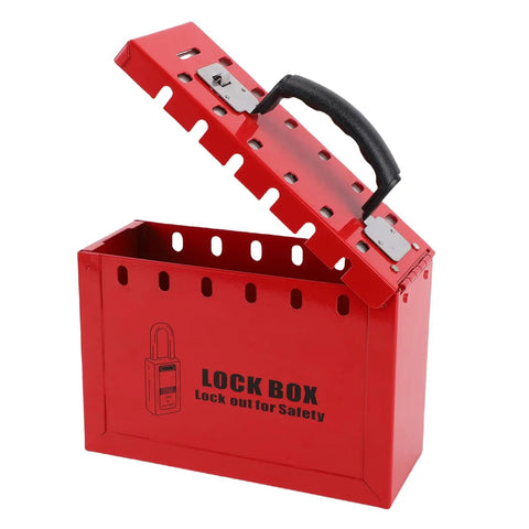 Heavy Duty Portable Group Lockout Box With 12 Piece Padlocks And 24 Keys Built Like A Tank For Industrial Sites Keeping Crew Safe And Gear Locked Down Tight Always, red nylon box with open lid.