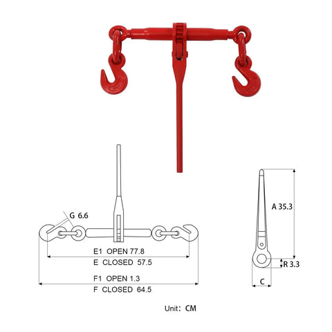 Heavy Duty Ratchet Chain Binder Set Three Eighths To One Half Inch With G70 Hooks, red binder with technical dimensions
