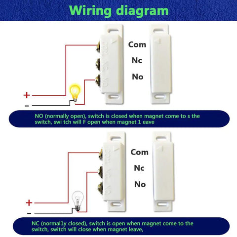 Wiring diagram for 5 Pack Top Notch Magnetic Reed Switch For Door And Window Security Setup With Nc No Com Terminals.