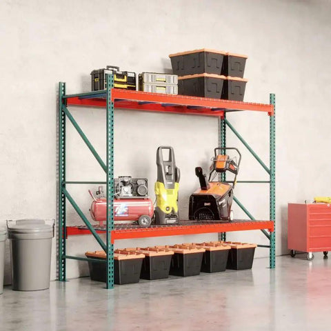 Heavy Duty 2 Tier Pallet Rack Starter Unit 42 By 144 By 96 Inches Rustproof Steel Rack Rig with tools and storage bins.