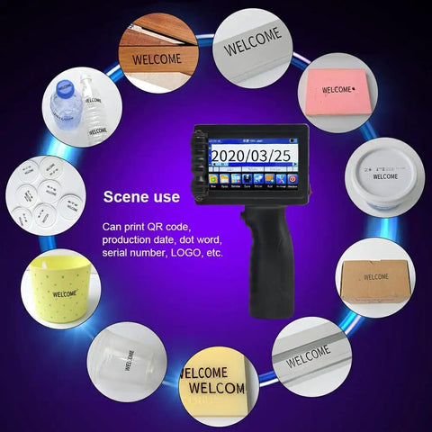 Straight Up Portable Handheld Inkjet Printer With Quick Drying Ink And Smooth Touchscreen For Dead On Date Label Printing, showcasing various printed labels.
