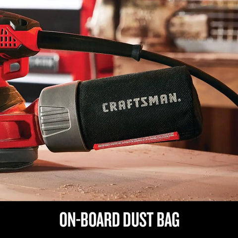 Beast 5 Inch Orbital Sander With 12000 OPM, 3 Amp Corded Hand Sander with onboard dust bag shown in a workshop.
