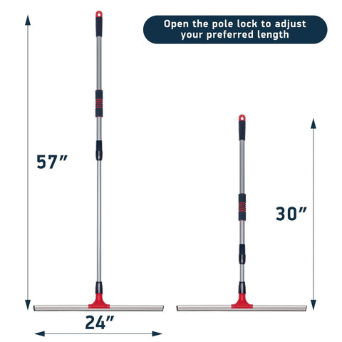 Heavy Duty Floor Squeegee With Extendable Telescopic Handle From 30 To 57 Inches 24 Inch Wide Built For Concrete Tiles Garage Deck Bathroom And Window Cleaning Rust Resistant Aluminum Stainless Steel Pole