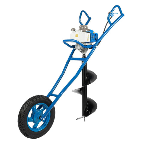 63Cc Gas Powered Post Hole Digger With Forward And Reverse Operation Auger Bit Range 2.36 To 11.81 Inches Heavy Duty Cast Iron And Aluminum Construction For Farm Garden And Yard Use Blue, shown with auger and wheel.