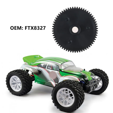 Two Pack Plastic 62T RC Main Spur Gear For 1/10 Scale Rigs, Sand And Gravel Resistant, OEM FTX8327 next to green RC truck