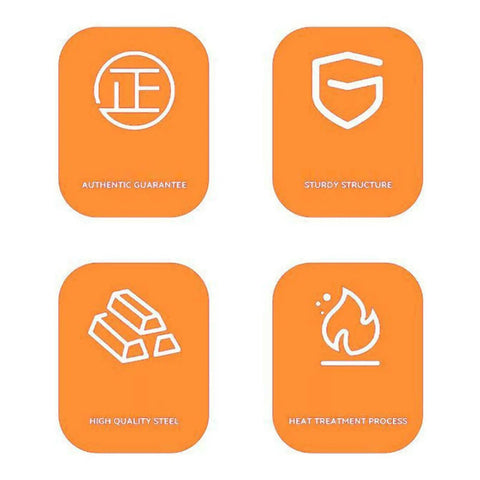 Authentic Guarantee, Sturdy Structure, High Quality Steel, Heat Treatment Process icons on orange background for oil funnel kit.