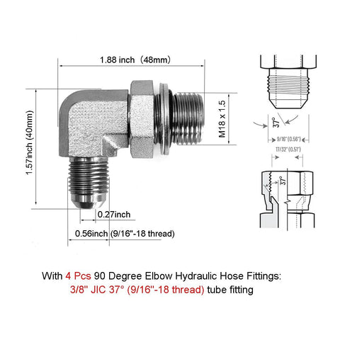 Side view of 90-degree hydraulic elbow fitting with 3/8 JIC 37° end and 9/16-18 threaded end