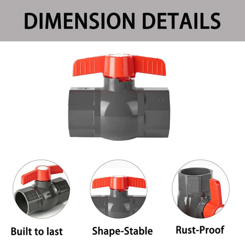 3/4 In SCH80 PVC Ball Valve Socket To Socket Shut Off Valve Quarter Turn Handle, gray valve with red handle, dimension details.