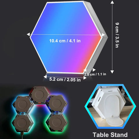 Hexagon RGB LED panel dimensions and table stand of Dope Remote Controlled RGB Hexagon LED Lights For Gaming Setup With Touch Sensitive Panels 14 Geometric Wall Panels For Living Room Bedroom And TV Backdrop Create A Sick Vibe With Color Changing Mood Lighting