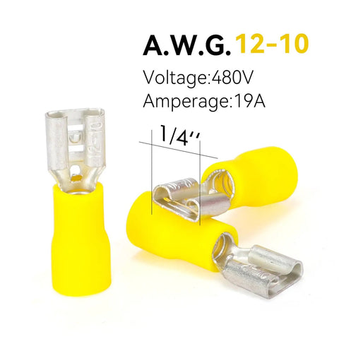Three yellow insulated female spade connectors for 12-10 AWG, 1/4 inch quick disconnects, shown with specifications.