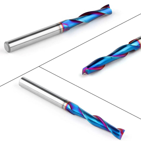5-Piece Upcut Spiral Router Bit Set 1 Quarter Inch Shank, 1 Quarter Inch Cutting Diameter, 3 Inch Overall Length, Solid Carbide with Nano Blue Coating for Wood Cutting and Carving on CNC Routers showing distinct bit angles and nano blue finish