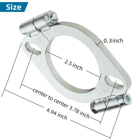Heavy Duty 2.5 Inch Split Flange Repair Kit 2 Pack shows metal flange with measurements for exhaust pipe fitment.