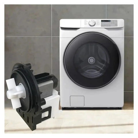Heavy Duty Washer Drain Pump Motor Assembly next to a modern washing machine for quiet operation and smooth water discharge.