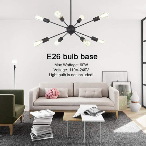 Black Sputnik Chandelier 8 Light Ceiling Fixture above modern living room setup