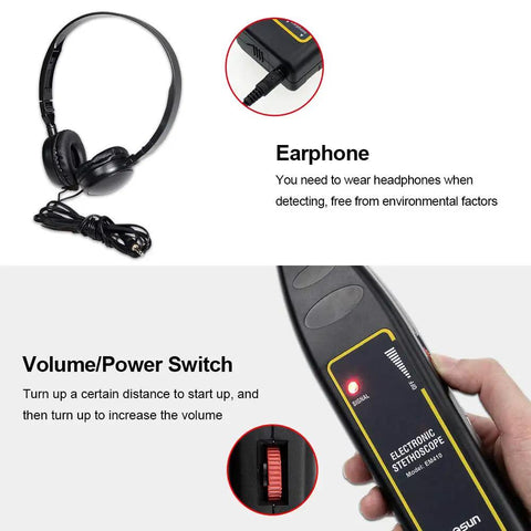Earphones and volume switch of Ultrasonic Leak Detector And Industrial Stethoscope For Engines Bearings Valves Pumps And Pipes High Sensitivity Pro Grade Diagnostic Tool