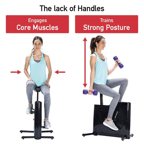 Woman demonstrating Felicity Compact Under Desk Exercise Bike With 8 Level Magnetic Resistance Foldable Space Saver for posture