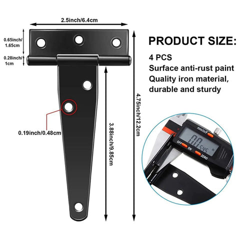 Diagram of 6 pack 4 inch rustproof stainless steel T shape door hinge in black finish with measurements for windows fences and barns.
