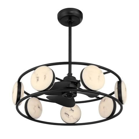 Matte Black Jewelry Inspired Chandelier Ceiling Fan With Integrated Led Lighting And Remote Featuring Faux Alabaster Accents and six blades.