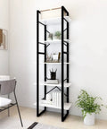 Go-To Industrial 5 Tier White Book Cabinet With Black Metal Frame open shelving in living room with decor