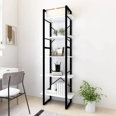Go-To Industrial 5 Tier White Book Cabinet With Black Metal Frame open shelving in living room with decor