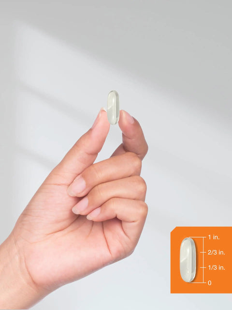 Hand holding Calcium With Vitamin D3 600 Mg Softgel, size guide showing 1 inch, for Strong Bones and Daily Health, Gluten Free