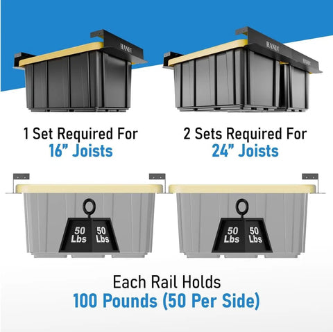 Heavy Duty Connectable Ceiling Garage Storage Rack System With Metal Rails Built Tough Expandable Shelving For Workshop Hanging Racks And Tote Bins Supports Up To Six Bins Black showing installation requirements for 16" and 24" joists