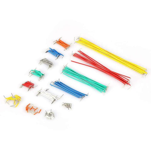 Starter DIY Electronics Jumper Wire Kit with 140 pcs assorted male to male breadboard wires in 14 lengths, color coded.