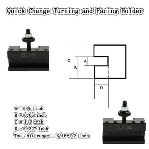 Wedge Type Tool Post Set Three Piece For Lathe Quick Change Tool Holder OXA 250-001 and 250-002 with dimensions diagram.