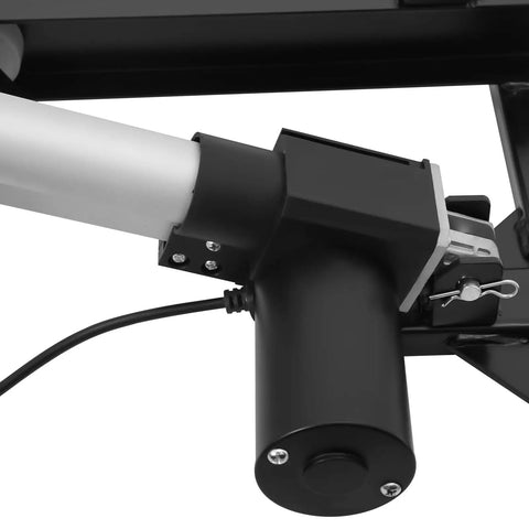 Close-up of the hydraulic mechanism on Heavy Duty Electric Scissor Lift Table Featuring Rock Solid Hydraulics And Straight Up Height Adjustability From 7.8 To 26.7 Inches For No Sweat Garage Projects.