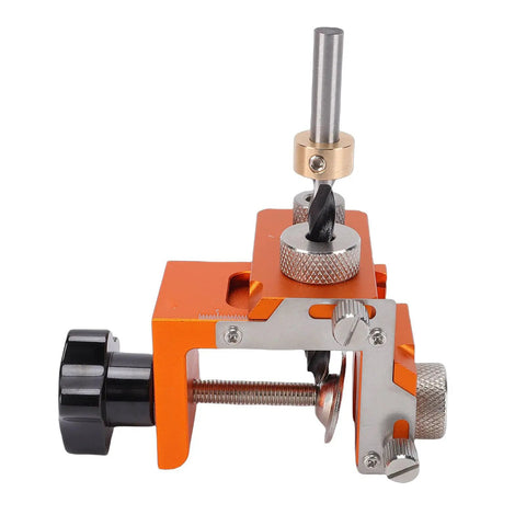 Heavy Duty Double Hole Drill Positioner Aluminum Alloy Woodworking Guide Jig with adjustable clamp and drill bit for precise alignment.