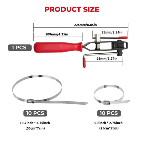 Pro Grade Heavy Duty CV Joint Banding Boot Clamp Tool For Auto And ATV With 20 Piece Stainless Steel Clamp Set Includes 10 Small 9.8 Inch And 10 Large 19.7 Inch Clamps To Secure CV Boots On Cars And ATVs. product size view with 1 clamp tool and stainless steel clamps