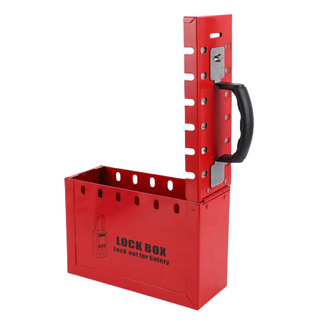 Heavy Duty Portable Group Lockout Box With 12 Piece Padlocks And 24 Keys Built Like A Tank For Industrial Sites Keeping Crew Safe And Gear Locked Down Tight Always, red metal box with handle.