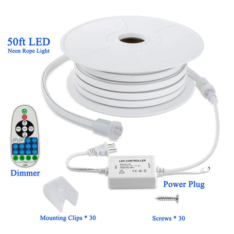 LED Neon Rope Light 50ft Flexible Strip White 6000K 120V IP67 Waterproof Connectable with Dimmer Easy Install Kit